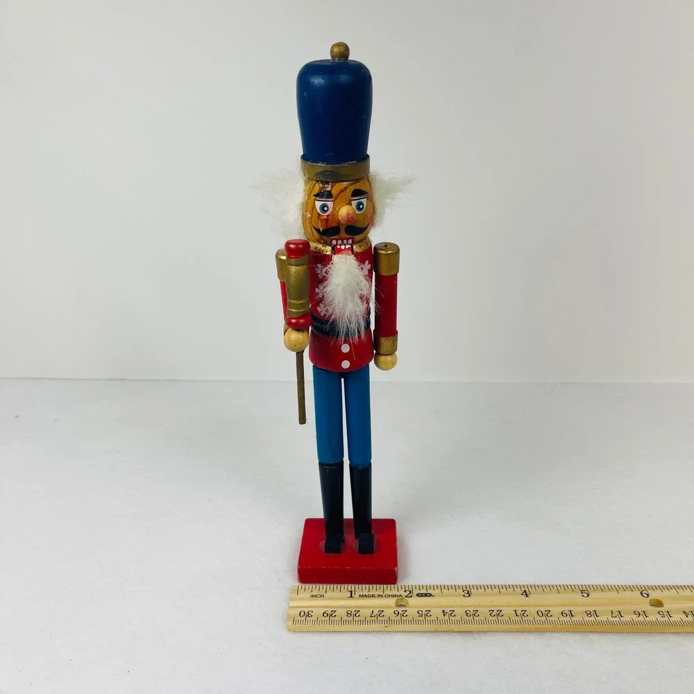 Vintage Wooden Nutcracker Soldier Red Blue Uniform Christmas Decor 9 Inch